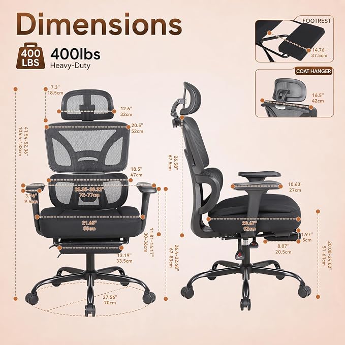 Ergonomic Office Chair with Footrest - High Mesh Back Computer Desk Chair | with Back Support, 135° Reclining, 4D Armrest & Headrest, 400lbs Thickened Seat Cushion, for Home Office, Work & Gaming