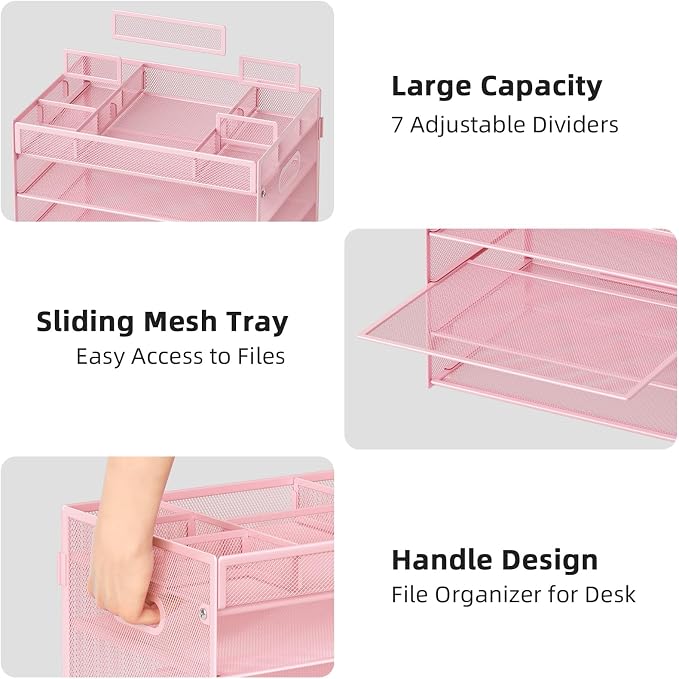 Marbrasse 5 Tier Paper Organizer, Mesh Desk Letter Tray with Handle,Pink | Paper Sorter Desk Organizer for Letter/A4 Office File Folder Holder Home Office Supplies