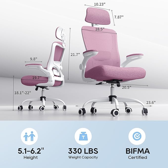 Ergonomic Office Chair, High Back Mesh Desk Chair with Adjustable Lumbar Support & Headrest, Flip-up Armrest, Computer Task Chairs for Home and Executive Office (W-Purple)