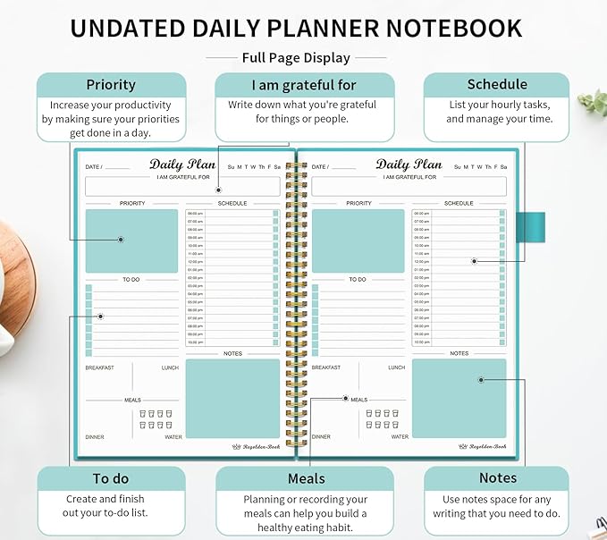 Daily Planner Undated, To Do List Notebook with Hourly Schedule Calendars Meal, Spiral Appointment Organizers Notebook for Man/Women, Pocket, Pen Loop, 160 Pages (5.5x8.5")