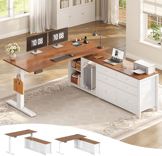SEDETA L Shaped Electric Standing Desk, 55" x 55" Height Adjustable Office Executive Desk with 6 Fabric Drawers and Storage Shelves, Sit Stand Computer Desk with Power Outlet (White + Brown)