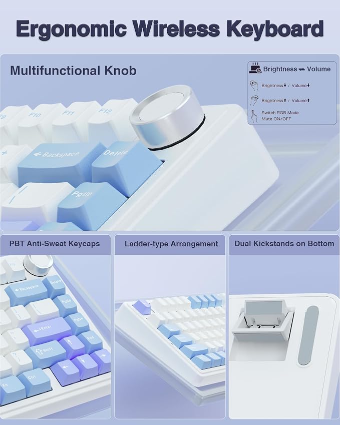 AULA F75 75% Wireless Mechanical Keyboard, Hot Swappable Creamy Keyboard, Pre-lubed Star Vector Switches RGB Backlit Gaming Keyboards, 2.4GHz/Type-C/BT5.0(White&Blue&Purple)