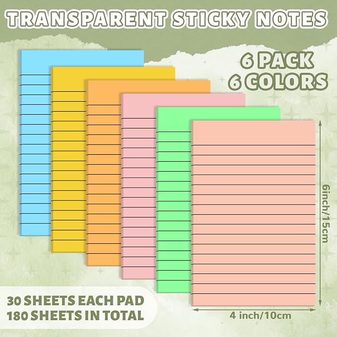 Yinder 6 Pack Colored Transparent Sticky Notes Translucent Clear Lined Self Sticky Notes, Back to School Gift Bible Tab for Planners, School Supplies Office, 30 Sheets/Pack, 4 x 6'' (Rainbow Color)