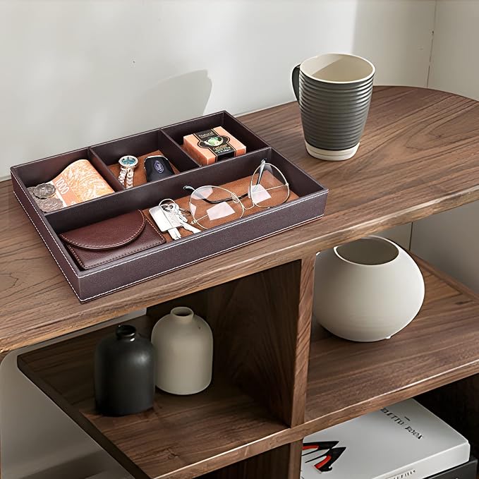 GORESE 2 Pieces Faux Leather Valet Tray for Men, Stackable Jewelry Trays for Drawers, Mens Dresser Top Organizer for Key, Wallet, Sunglass, Watch, Coin, Phone, Nightstand Bedside Tray Brown