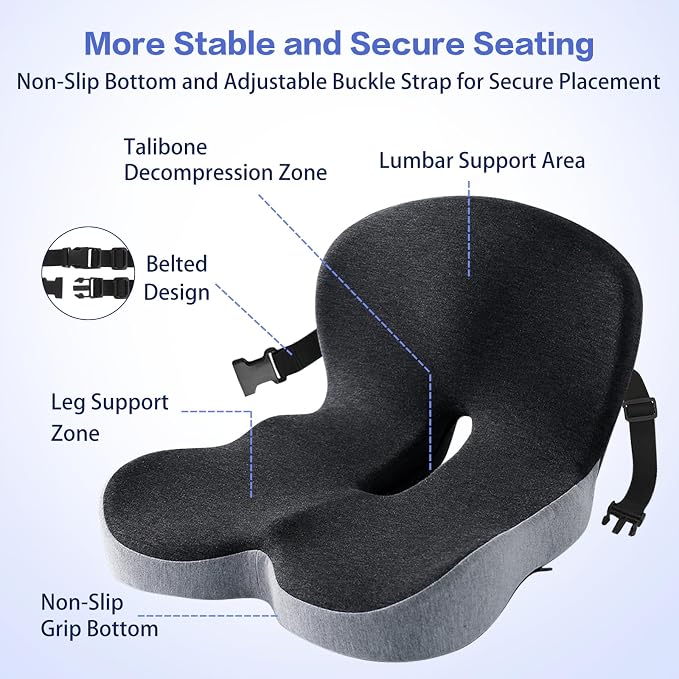 Back and Seat Cushion for Office Chair | Wide ergonomic memory foam, coccyx cutout & adjustable straps, tailbone & back relief, non-slip for car, home & gaming