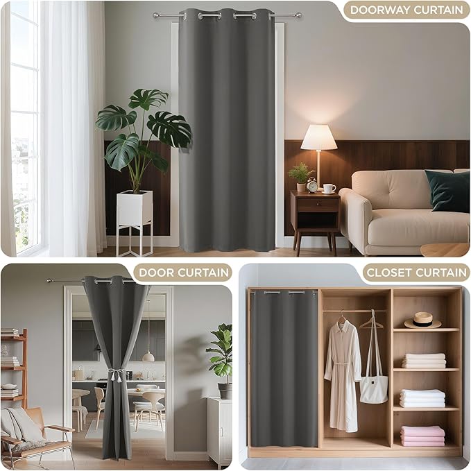 Joydeco Blackout Door Curtain for Doorway Privacy 78 Inches Long, Grommet Closet Curtain for Open Closet, Room Divider for Bedroom Living Room (Light Grey, 40Wx78L, 1 Panel)