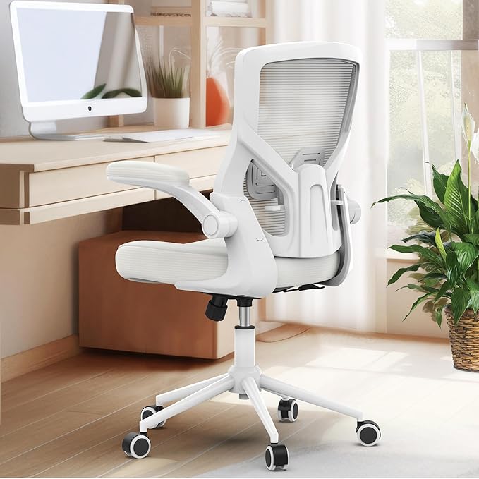 Office Chair for Long Hours & Lower Back Pain Relief – 4" Thick Molded Foam Cushion, Padded Lumbar Support and Flip-up Armrests, Ideal for Office or Study (Modern, White)