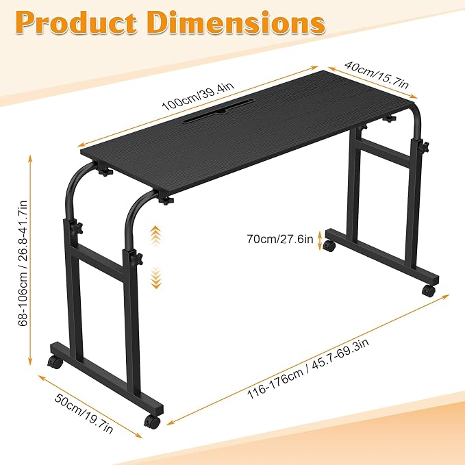 Over the Bed Table with Wheels, Height Adjustable Rolling Desk, Heavy Duty Steel Frame Laptop Workstation for Bedroom, Living Room, Hospital Use, Adults and Kids