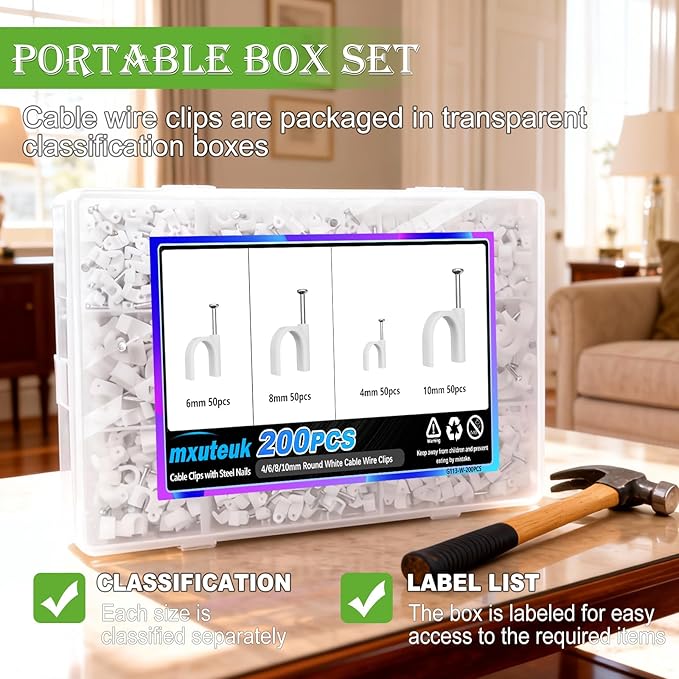 mxuteuk 200PCS Cable Clips with Steel Nails,4/6/8/10mm Round White Cable Wire Clips,Wall Clips for Cords,Cable Cord Clips for RG6 RG59 CAT6 RJ45