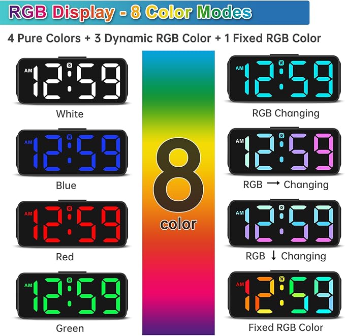 Peakeep Small Cute Digital Alarm Clock Plug-in for Kids Bedrooms Bedside | RGB Colorful Changing Large Display Full Screen, Dimmable 6 Brightness, Corded Electric Battery Backup (Black - RGB)