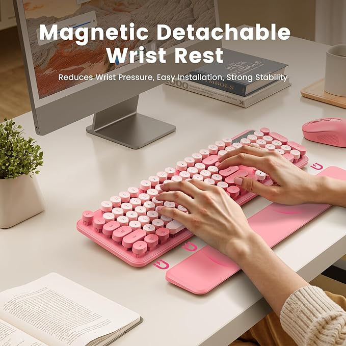 Wireless Keyboard, Round Keycaps, Retro Typewriter Keyboard with Detachable Wrist Rest, Sleep Mode, Foldable Legs, 2.4GHz Full-Size Cordless Computer Keyboard for Windows/PC/Laptop (Pale Pink Colors)