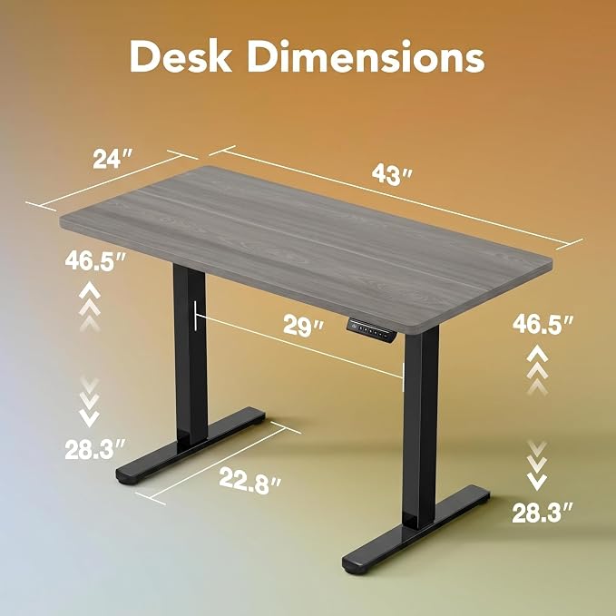 HUANUO 43 x 24 inch Electric Standing Desk Adjustable Height, 4 Memory Height Settings, Sit Stand Up Desk for Home Office & Computer Workstation, Grey