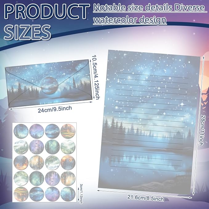 TaoBary 160 Pcs Stationery Paper Kit 50 Double Sided Stationery Papers with 50 Matching Envelopes and 60 Round Dot Sticker, 10 Design(whimsical Watercolor Illustration Starry Night, 8.5 x 11 Inch)