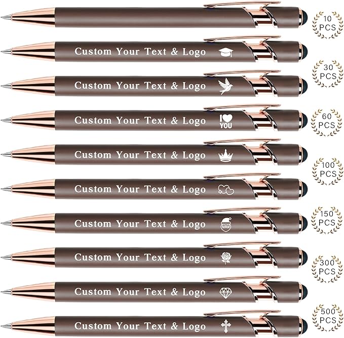 Bulk Custom Pens Personalized, Customized Pens with Name/Logo on Both Sides Gifts, Black Ink Engraved Ballpoint with Stylus, Ideal for Business, Birthday, Party, Wedding, School, Metal Material