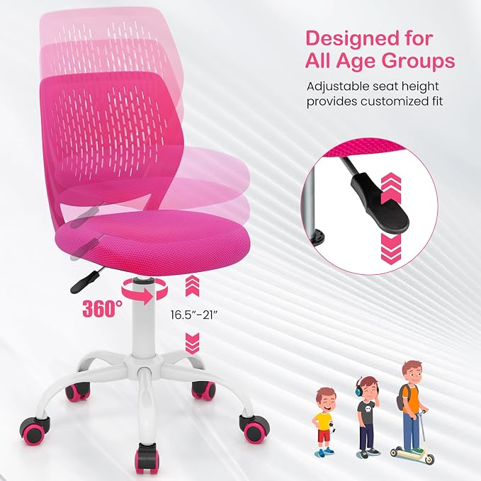 Giantex Kids Desk Chair, Adjustable Children Study Chair, Swivel Armless Mesh Task Office Chair, Computer Desk Chair with Adjustable Height & Lumbar Support, Rose