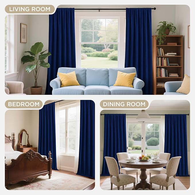 Joydeco Royal Blue 100% Blackout Curtains 108 Inch 2 Panels, Luxury Thermal Royal Blue Velvet Curtains for Bedroom Living Room, Soundproof Blackout Window Drapes, Grommet Top (52W x 108L)