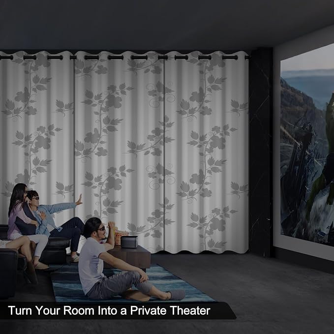 White Blackout Curtains 84 Inch Length 2 Panels Set, Light Grey Floral Thermal Insulated Window Black Out Bedroom Curtains, Soundproof Room Darkening Blackout Curtains for Bedroom and Living Room