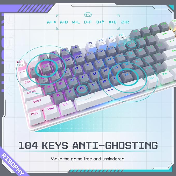RisoPhy Wireless Mechanical Keyboard, Triple Mode 2.4G/USB-C/Bluetooth Gaming Keyboard, 104 Keys Programmable, Customize RGB Backlit, Red Switch, Bicolor PBT Keycaps, Rechargeable Wired for Laptop PC