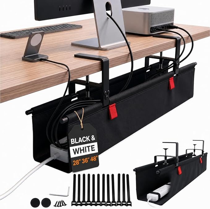 Under Desk Cable Management Tray 28" — No Drill Clamp-On Cord Organizer for Desk with Built-in Ties, Heavy Duty Metal Clamp, Foldable 600D Oxford Fabric for Home Office, WFH & Gaming PC Setup (Black)