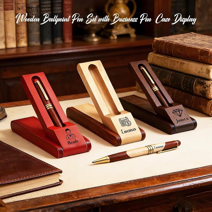 Custom Wooden Ballpoint Pen Set Customized with Name Text Logo Personalized Wood Pens Set with Engravable Wood Gift Box for Men Women Boss Colleague Friend (customized pen)
