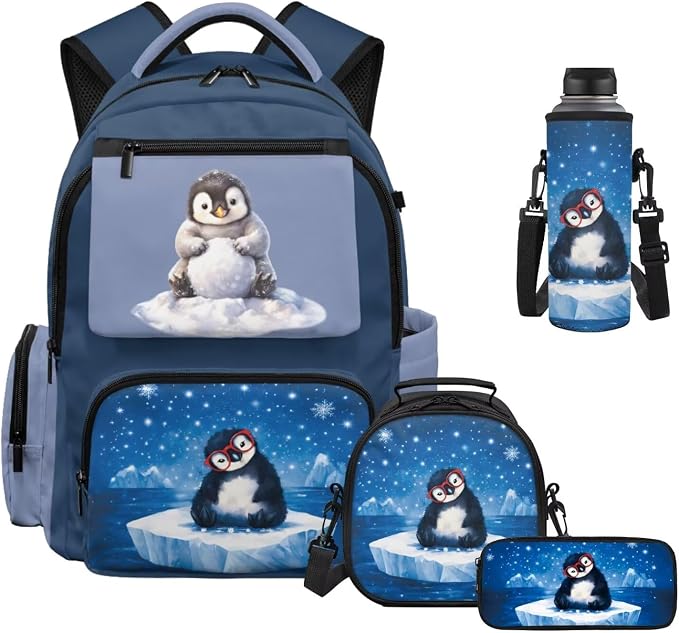 WELLFLYHOM Penguin Girls Backpack Set 8-12 Kids School Book Bag Lunch Box Pencil Case Water Bottle Sleeve Ice Snow Elementary Junior High Daycare Bag for School Back to School Gift