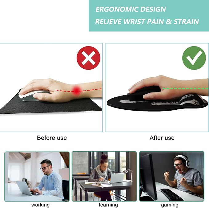 Mouse Pad with Wrist Support, Ergonomic Mouse Pad with Memory Foam Wrist Rest Cushion, Non-Slip Rubber Base Gaming Mice Pad for Home Office Computer Laptop, Human Skeleton