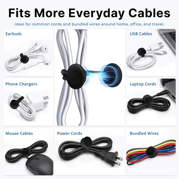 COOLMI Magnetic Cable Ties 12 Pack, 6.88 Inch Reusable Silicone Cord Organizer Wraps, Strong Magnet Cable Management Straps for Charging Cords, USB Cables, Earbuds, Desk, Travel, Black