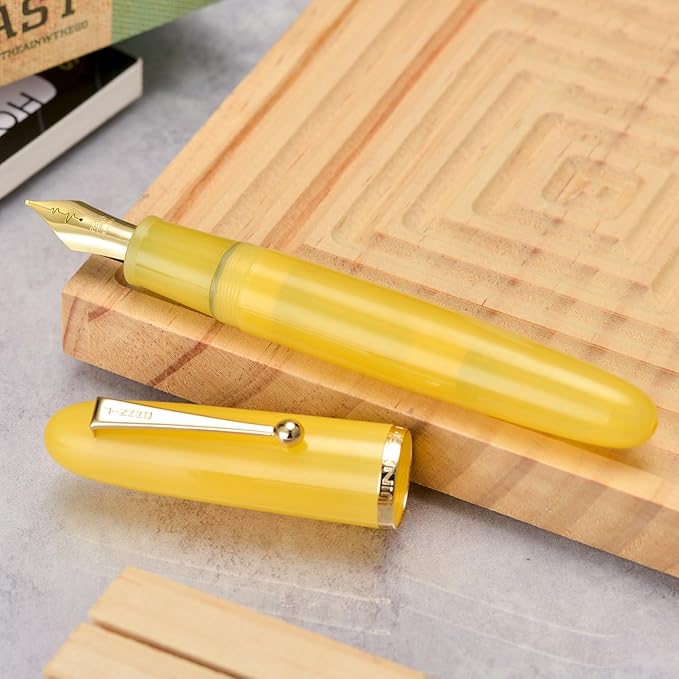 Jinhao 9019 DaDao Series Fountain Pen, Size 8 Medium Heartbeat Nib with Large Ink Converter, Yellow Jade Acrylic Design Smooth Writing Pen (Gold Trim)
