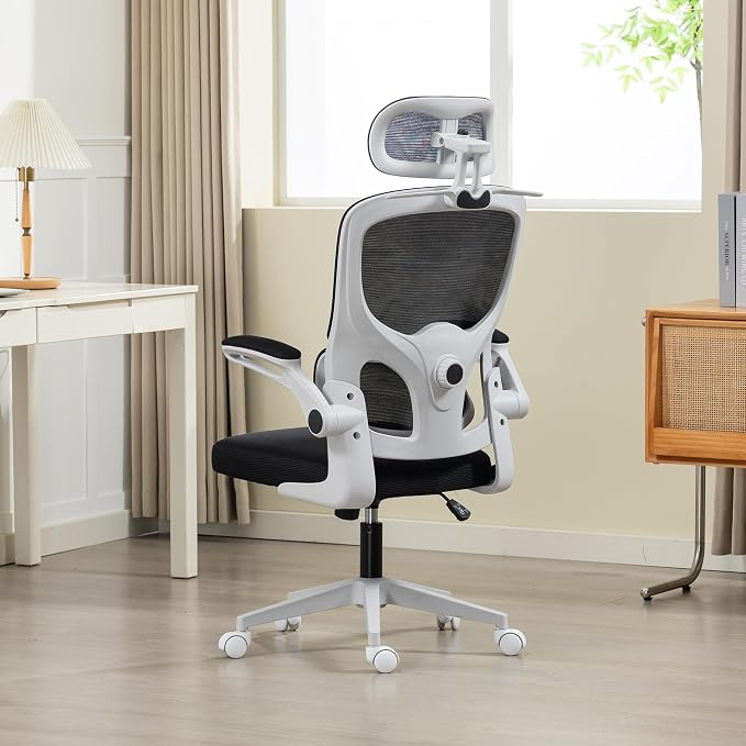 Ergonomic Office Chair with Flip-up Arms, Grey | Home Desk Chair w/ Coat Hook, Adjustable Headrest and Lumber Support, Mesh Computer Gaming Chair, 330 LBS