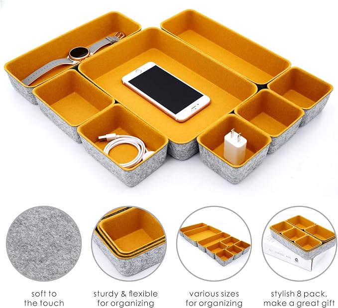 Welaxy 8-Piece Felt Drawer Organizers Curry Desk Tray Makeup Storage