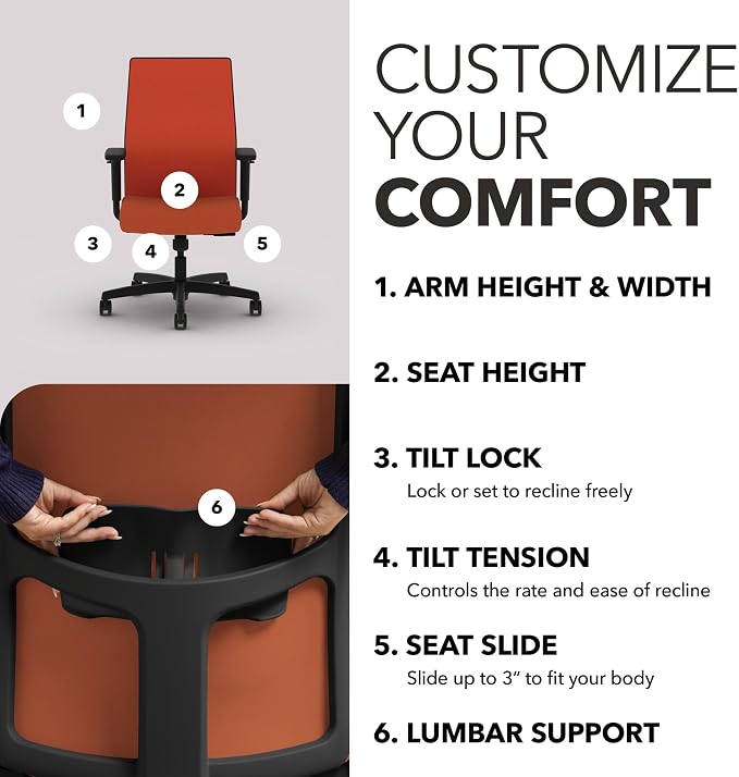 HON Ignition 2.0 Mid‑Back Ergonomic Office Chair, Mesh Task Desk Chair with Lumbar Support, Standard Synchro‑Tilt, Height and Width Adjustable Arms, Black Frame, Salamander