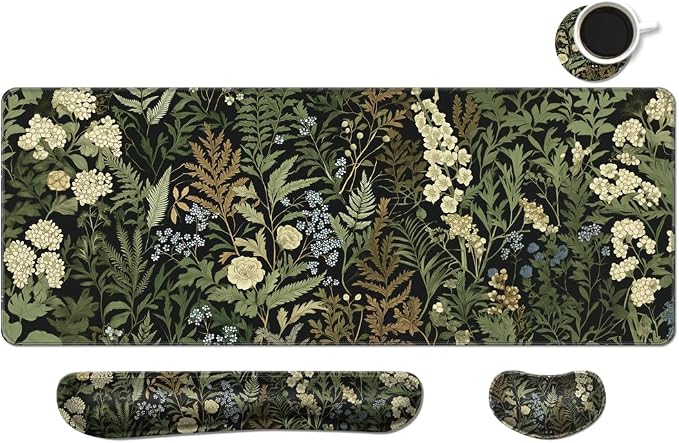 Desk Mat, Large Gaming Mouse Pad with Wrist Rest, 4 in1 XXL Mouse pad+Keyboard Wrist Rest+Mouse Pad Wrist Support+Cup Coaster Set, Ergonomic Desk Pad for Home Office,Weeds