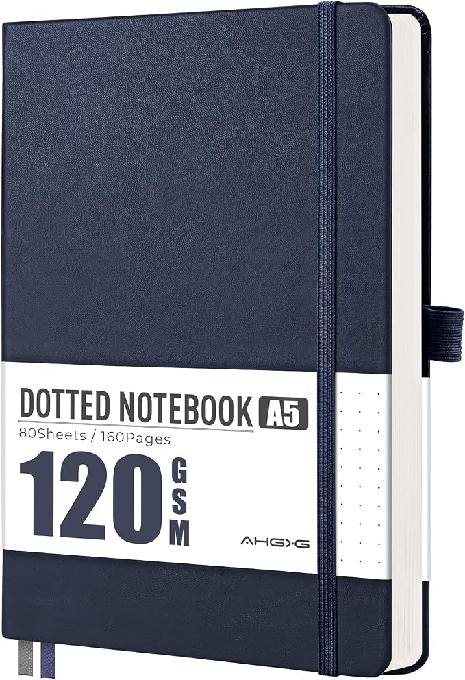 AHGXG Dotted Journal Notebook, 160 Numbered Pages, A5 Medium Size (5.7'' x 8.3''), 120 GSM Thick Paper, Leather Hardcover, for Journaling, Planning, Tracking (Blue)