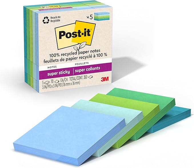 Post-it 100% Recycled Paper Super Sticky Notes, 3 in. x 3 in., 5 Pads, 70 Sheets per Pad, Oasis Collection, New Year Organization or Second Semester School Supplies
