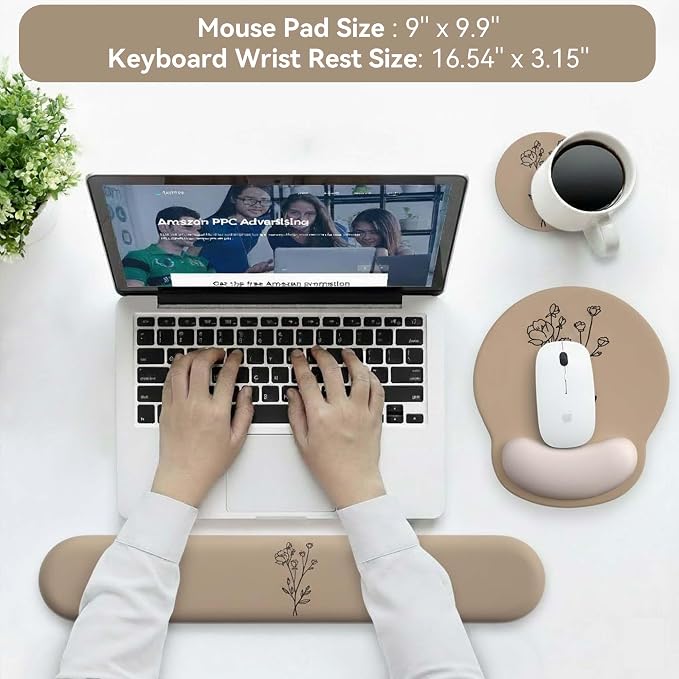 Mouse Pad with Keyboard Wrist Rest,Ergonomic Mouse Pad Wrist Support PU Base with Coaster,Mousepad with Nonslip Base for Computer Laptop Keyboard Home&Office
