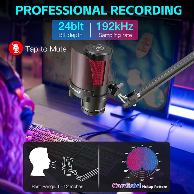 ZealSound Gaming Microphone for PC/Mac/iPhone/Phone – 192kHz/24-bit Podcast Mic with Noise Reduction, Tap-to-Mute, Gain, Monitoring, Boom Arm, Pop Filter, RGB Lighting for Streaming, Gaming, Recording