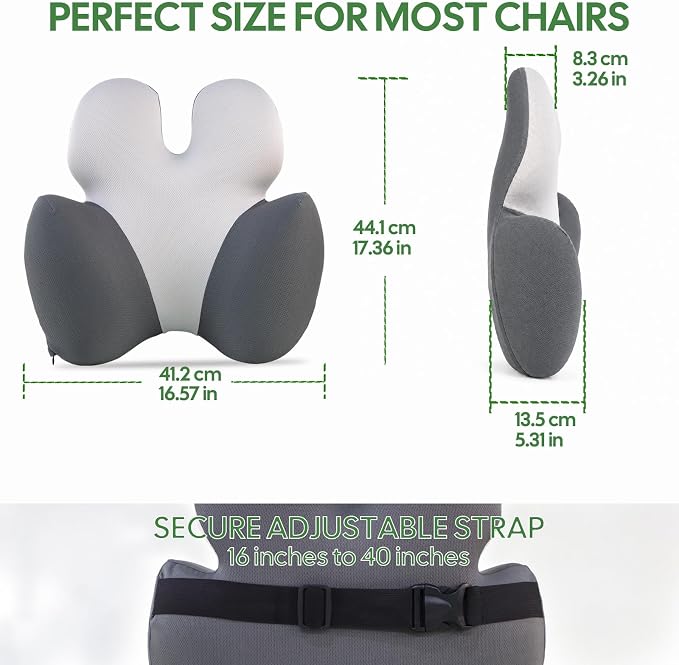 Full Back Support Pillow for Office Chair, 3-Zone Memory Foam | Large 3-zone memory foam backrest with breathable washable cover and adjustable strap for office chairs and wheelchairs