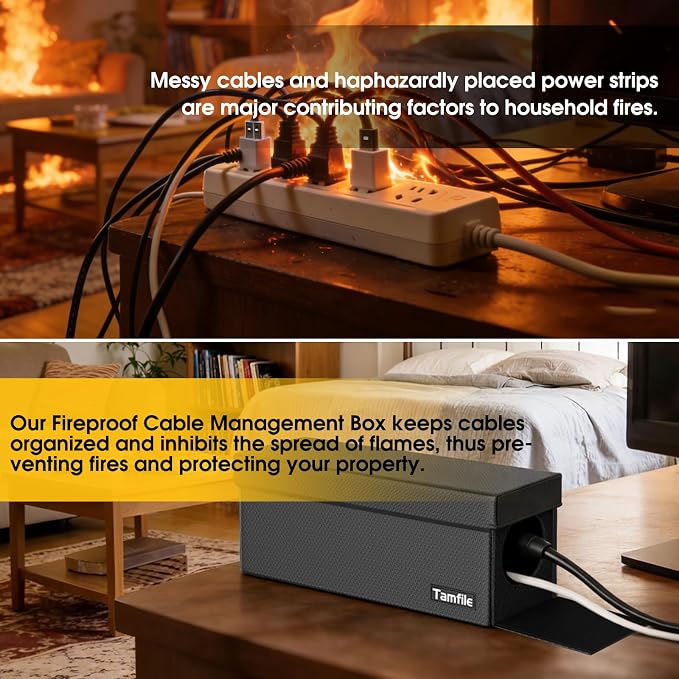 Tamfile Cable Management Box, Fireproof Foldable Cord Organizer and Cover | Heat Resistant Large Power Strip Organizer for TV Wires, Computer and USB Hub with Cable Clips & Reusable Cable Ties, Black