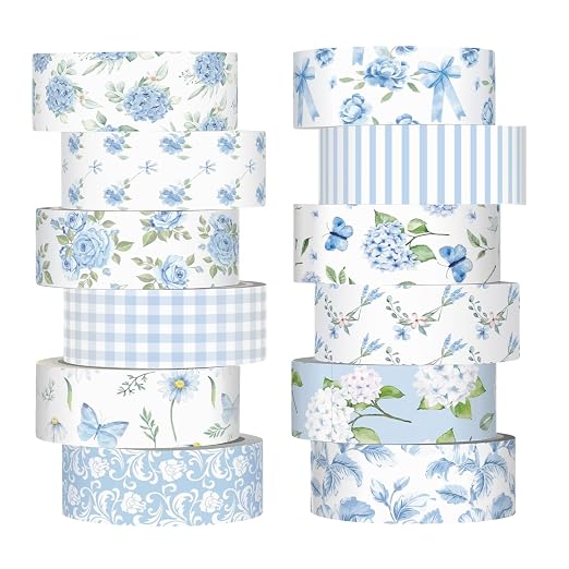 12 Rolls Watercolor Floral Washi Tape Set 15 mm Vintage Flower Decorative Masking Tape for Summer School Arts DIY Craft Scrapbook Journal Supplies Gifts(Blue,Rose)