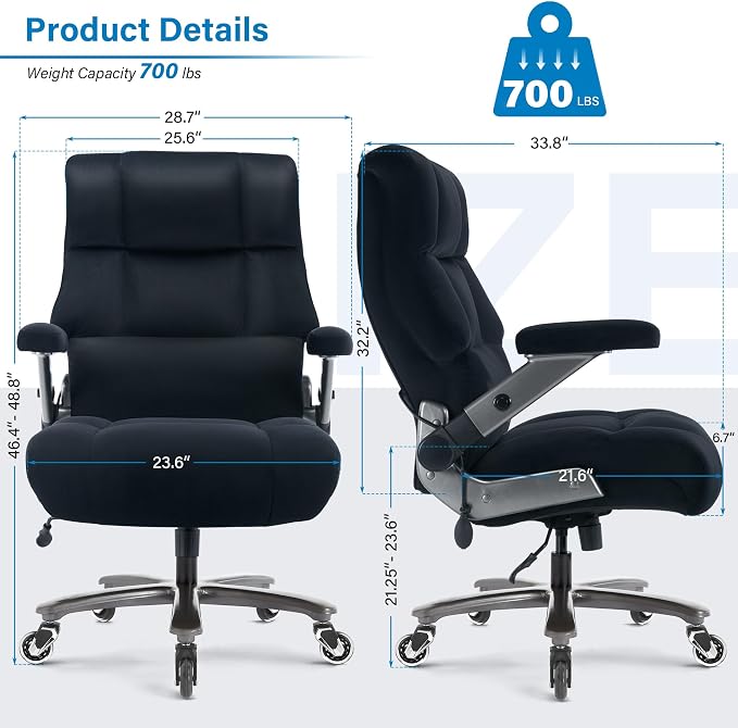 Big and Tall Office Chair 700lbs, Fabric Heavy Duty Executive Desk Chair | 3D Flip Arms, Extra Wide, Upgraded Wheels, Adjustable Lumbar Support, Metal Base, Large Ultra-Soft Ergonomic Computer Chairs
