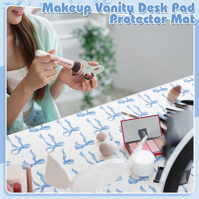 Teenyyou Coquette Bow Makeup Mat for Vanity Top Protector Back to School Gift 31.5" X15.7" Dual Side Leather Desk Mouse Pad Girly Waterproof Nonstick Dressing Vanity Cover for Women Home Office