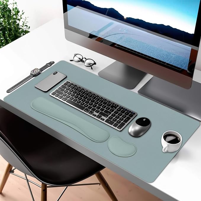 Desk Pad Mat Set,3-in-1 Large Mouse Pads with Wrist Rest and Keyboard Pad, Desk Mats for Keyboards and Mouses, Ergonomic Keyboard and Mouse Mat Set for Office Home Decor(Blue, 31.5" x 15.7")