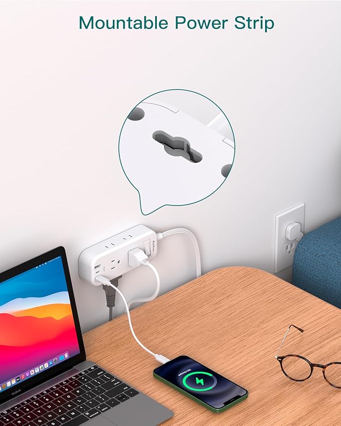 Extension Cord 15 ft - Power Strip Surge Protector, Flat Plug with 6 AC Outlet Extender 3 USB Ports (2 USB-C), 1080J, Multi Plug Outlets Desktop Charging Station for Home College Dorm Room Essentials