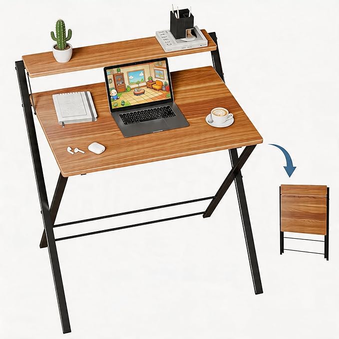Simple Deluxe No Assembly Folding Desk with Shelf, 2-Tier Compact Computer Table, Space Saving Foldable Table for Home Office, Dorm or Apartment, Portable Collapsible Sturdy Laptop Desk, Brown