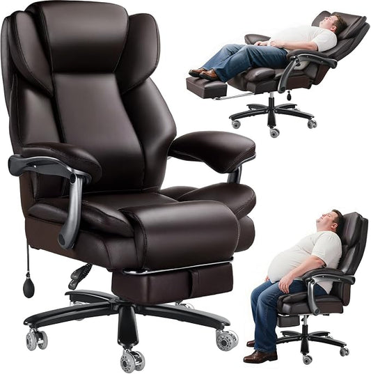 600lbs Big and Tall Office Chair for Heavy People,Heavy Duty Comfy Executive Office Desk Chair with Adjustable Lumbar Support,High Back Reclining PU Leather Computer Chair,Metal Base (Classic, Brown)