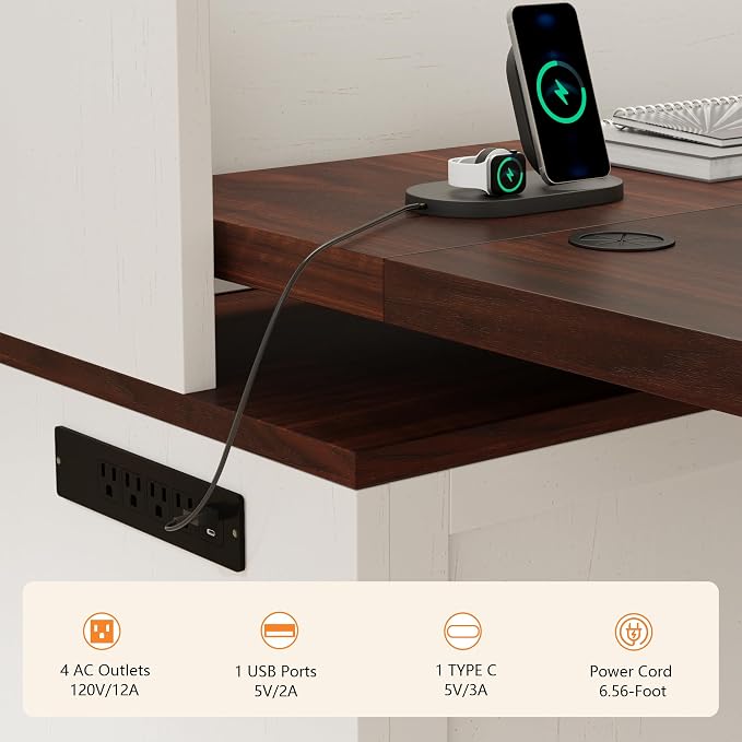71" LED L Shaped Standing Desk with Hutch and Drawers, Farmhouse | Height Adjustable Corner Desk, Sit Stand Office Deskwith 4 AC Outlets & Type C, Executive Computer Desk with Cabinet, White