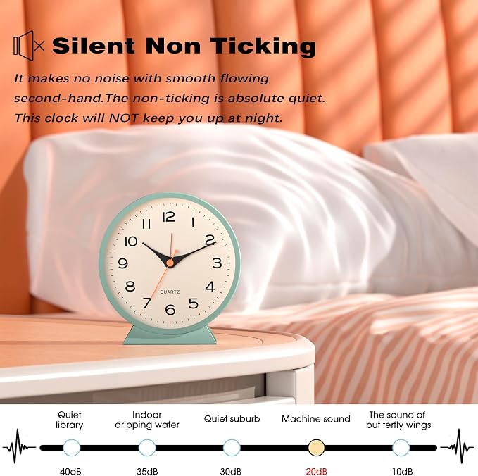 AYRELY® 4.5" Analog Alarm Clock, Small Retro Desk Clock and Table Clock | Battery Operated, Silent Metal Table Clock with Light for Living Room Decor, Bedroom, Bedside and Shelf (Green)