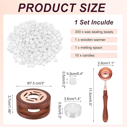 PATIKIL Wax Seal Kit, 300 Pcs Wax Sealing Beads, Wooden Warmer, Melted Spoon, 10 Pcs Tealight Candles for Envelope Letter Mailing Crafts DIY, White