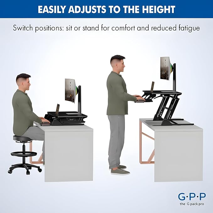 Standing Desk Converter 40 Inch, Height Adjustable to 17.3 Inches | Dual Monitor Work Surface With Keyboard Tray, Steel Frame, and Smooth Manual Lift for Home Office Setups