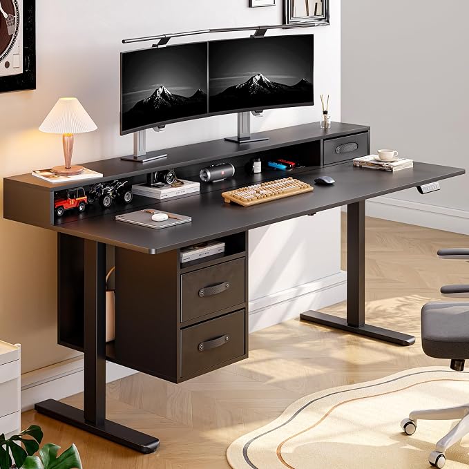 ONBRILL Standing Desk with Drawers, 63x24 Inch Electric Stand Up Desk with 3 Drawers and Open Storage Shelf, Adjustable Height 28-46 Inches for Home and Computer Workstation, Black